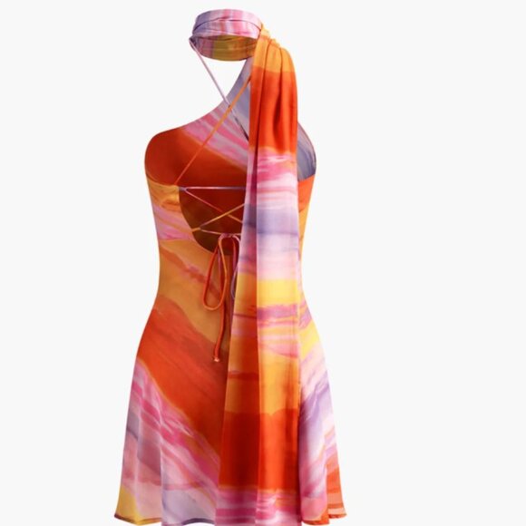 COPY - Commense One Shoulder Dress - Vibrant Orange and Pink - Picture 2 of 4
